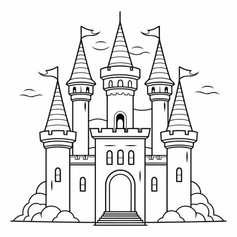 Fairytale castle. Black and white vector illustration for colori