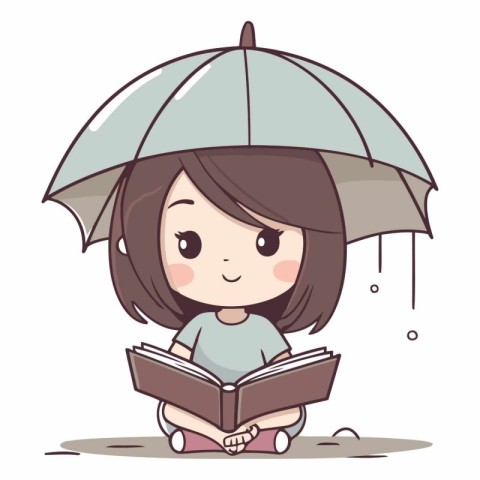 Illustration of a Little Girl Reading a Book under an Umbrella