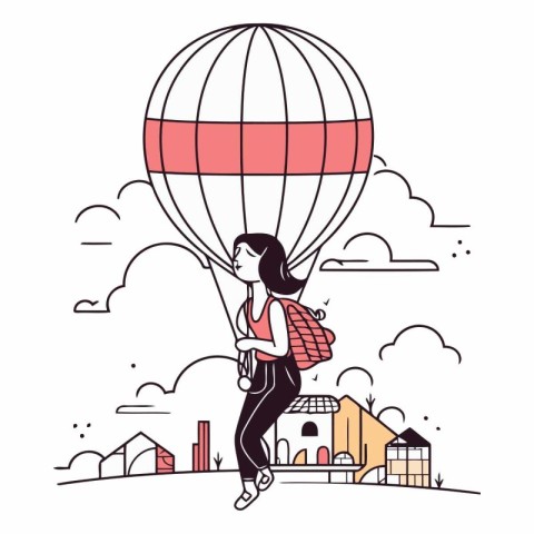 Woman with backpack and hot air balloon in the city