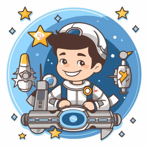 Cartoon astronaut boy in space suit and helmet.