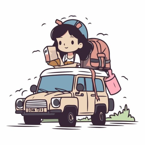 Backpacker on the road in cartoon style.