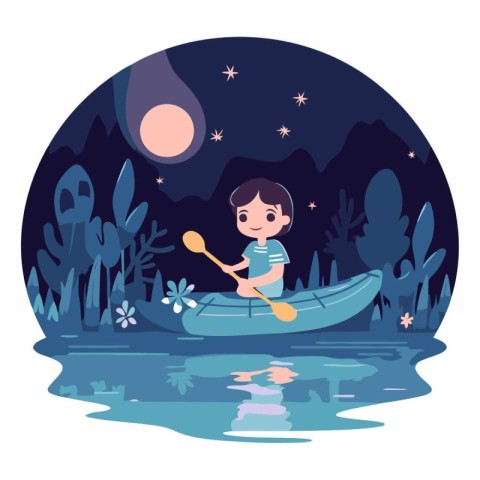 Cute little boy kayaking in the lake at night.