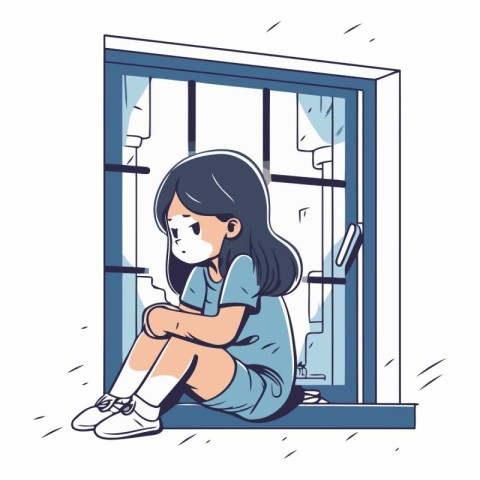 Illustration of a girl sitting in front of a window with a sad e