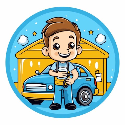 Cute little boy with a car in cartoon style.