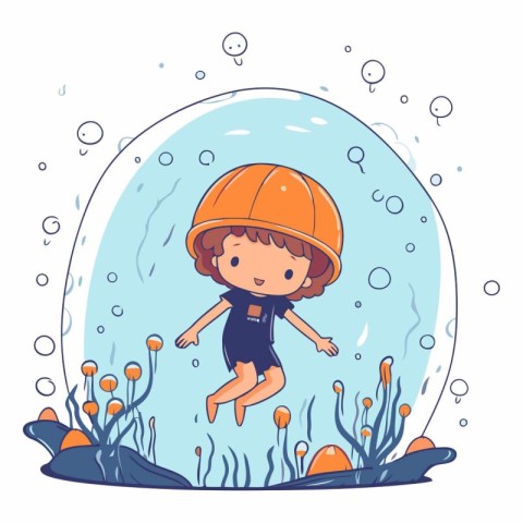 Cute little boy swimming in the sea in cartoon style.