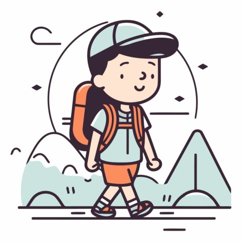 Cute little boy with backpack and cap hiking in mountains