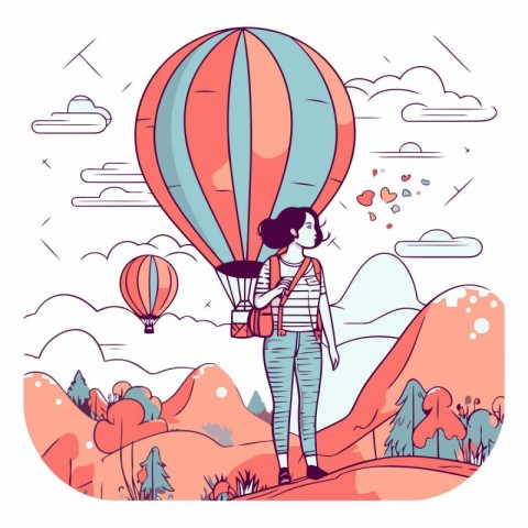 Tourist girl with backpack and hot air balloon in the sky