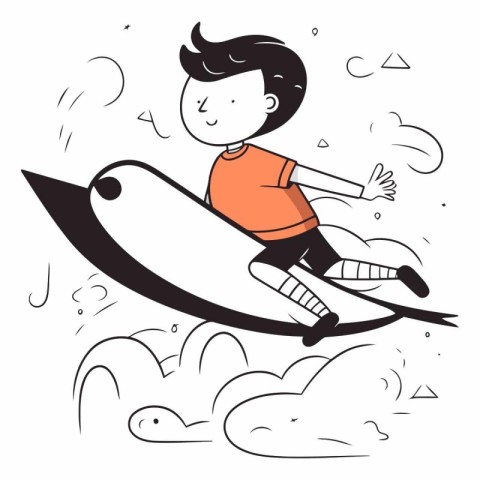 Boy flying on a jet ski in doodle style.