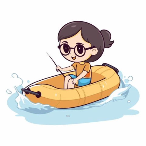 Cute little girl in inflatable boat. Cartoon vector illustration