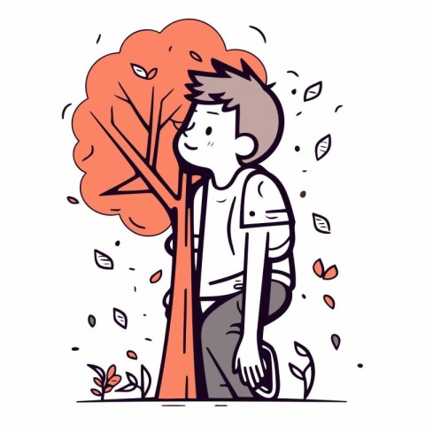 Vector illustration of a boy walking in the autumn park. Cartoon