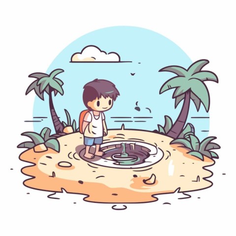 Boy playing on the beach in a flat style.