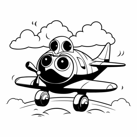 Black and White Cartoon Airplane Flying in the Clouds