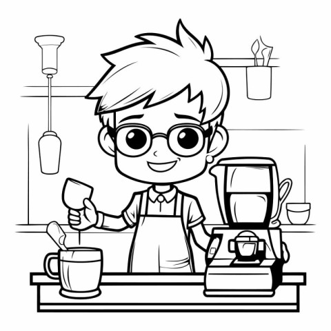 Black and White Cartoon Illustration of Little Boy Barista at Wo