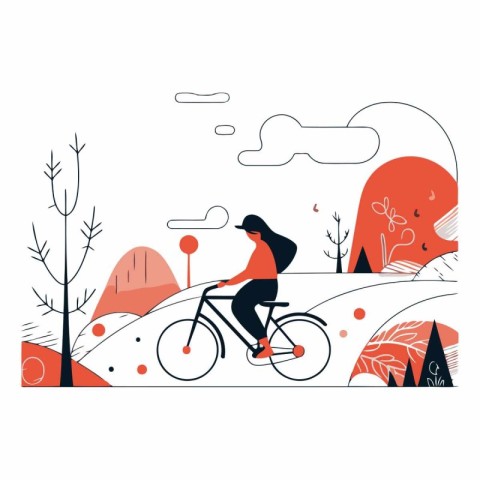 Woman riding bicycle in the park in flat style.