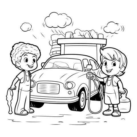 Cartoon kids cleaning the car for coloring book.