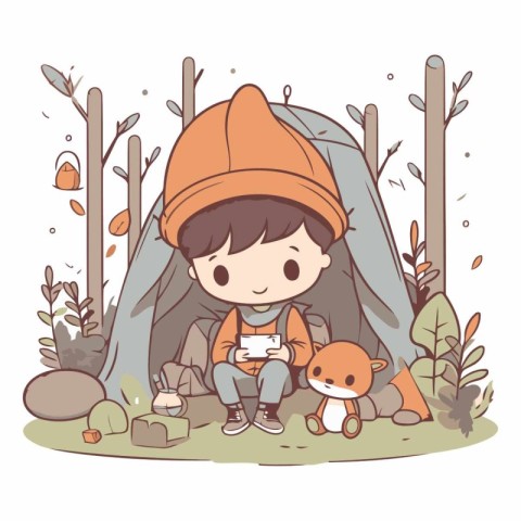 Little boy camping in the forest. Cute cartoon vector illustrati