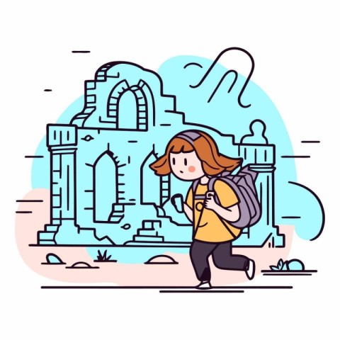 Tourist girl with backpack in thin line style.