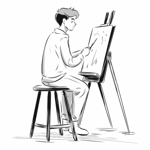 The artist draws a picture on the easel.