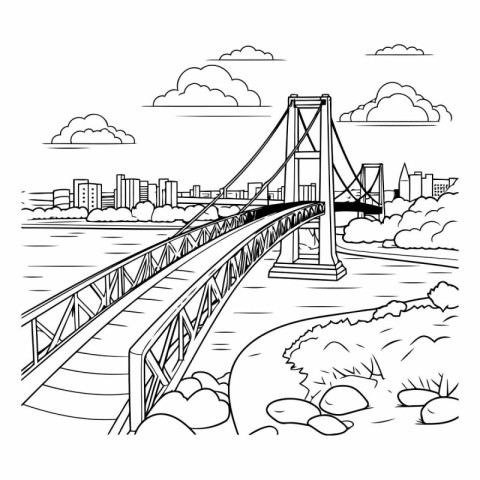 Suspension bridge over the river. Coloring book for children.