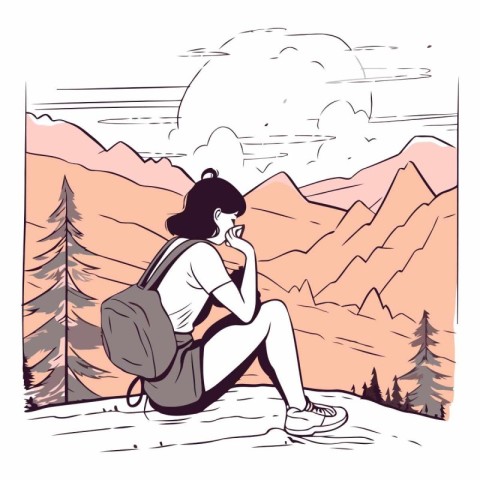 Vector illustration of a woman hiker sitting on the edge of a cl