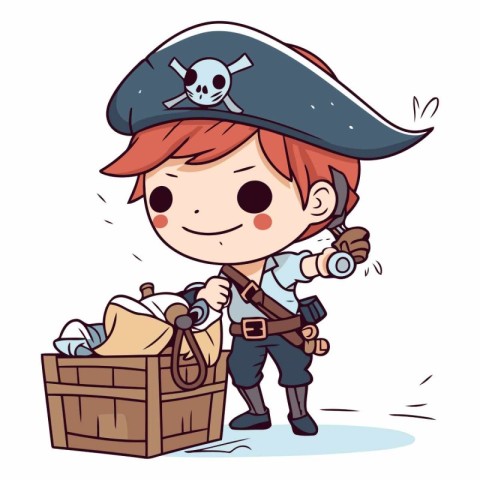 Pirate boy with binoculars and treasure chest.