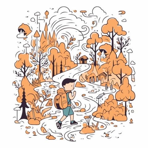 Vector illustration of a boy with a backpack walking in the autu