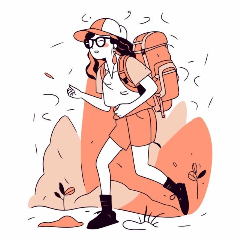 Hiking girl with backpack in flat cartoon style.