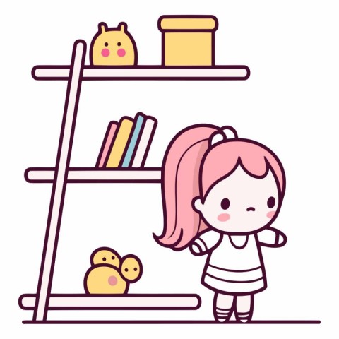 Cute little girl standing on a shelf with toys.