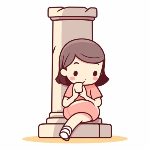 Illustration of a Cute Little Girl Sitting Next to a Column