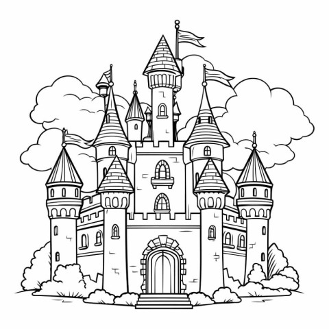 Fairytale castle in cartoon style for coloring book.