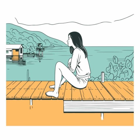 Girl sitting on a pier by the lake. Vector hand drawn illustrati