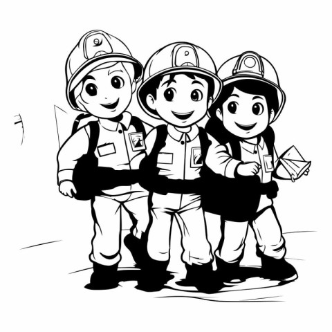 Illustration of a group of children in firefighter uniform holdi