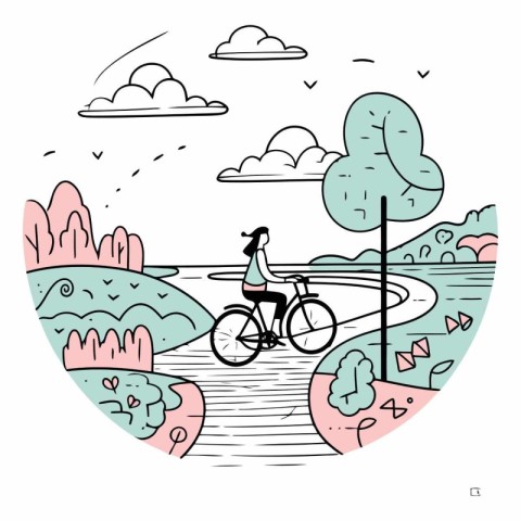 Vector illustration of a girl riding a bicycle along the river.