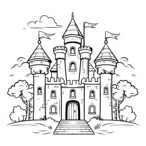 Fairytale castle in the forest. Black and white vector illustrat