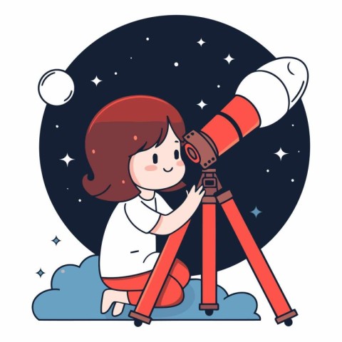 Cute little girl looking through telescope in cartoon style.