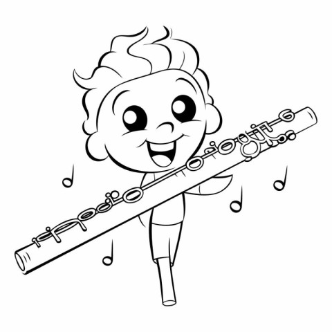 Black and White Cartoon Illustration of Cute Little Boy Playing