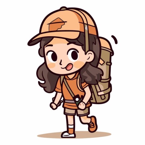 Cute Girl Hiking with Backpack Cartoon Vector Illustration.