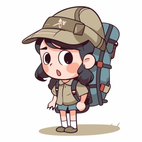 Cute Cartoon Girl Hiking with Backpack.