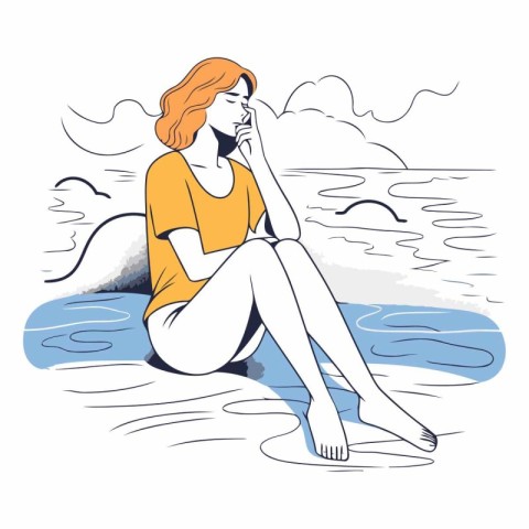 Beautiful girl sitting on the beach. Vector hand drawn illustrat