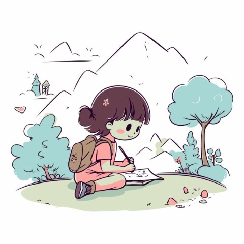 Illustration of a little girl sitting on the grass with a map