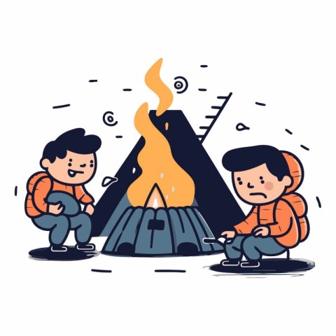 Vector illustration of two boys camping in campfire. Camping and