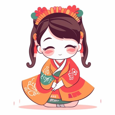 Cute korean girl in traditional clothes. Cartoon vector illustra