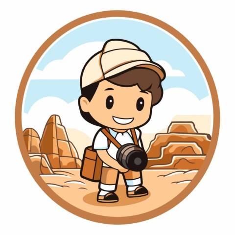 Cute Boy Traveler with Camera in the Desert - Vector Illustratio