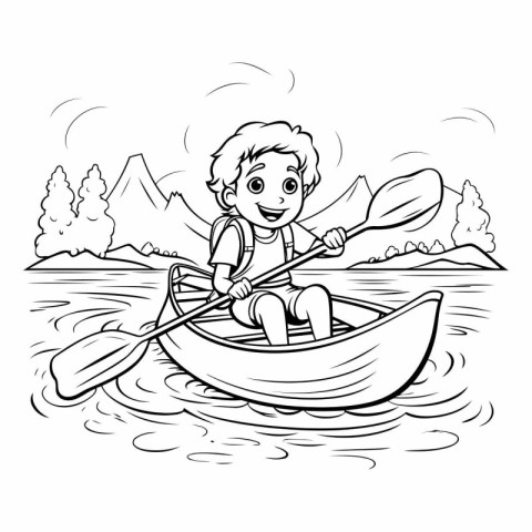 Coloring Page Outline Of a Boy paddling a kayak