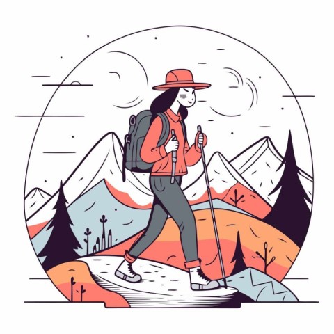 Hiking woman in mountains in line art style.