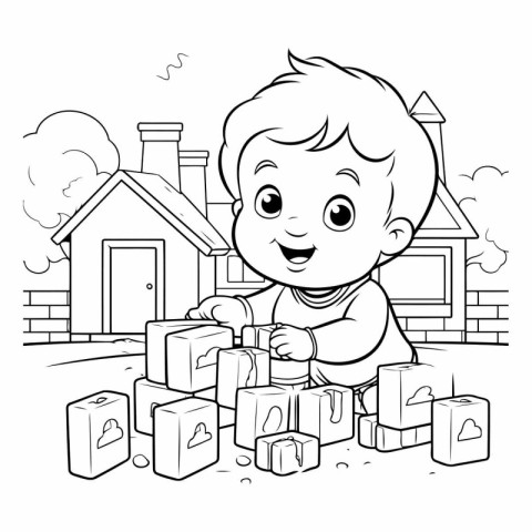 Coloring Page Outline Of a Cute Little Boy Playing With Toys