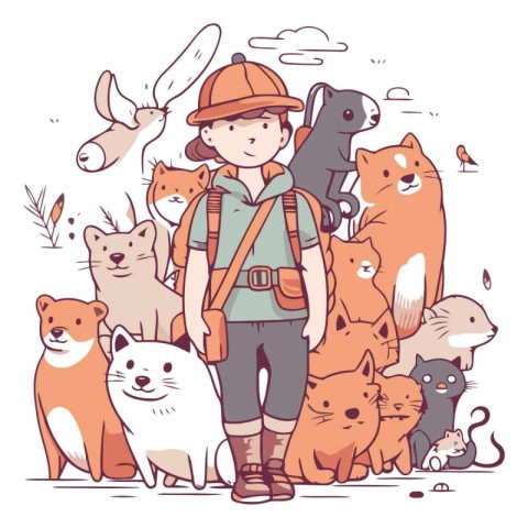 Vector illustration of a boy with a backpack and a lot of animal