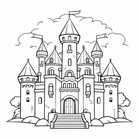 Fairytale castle. Black and white vector illustration for colori