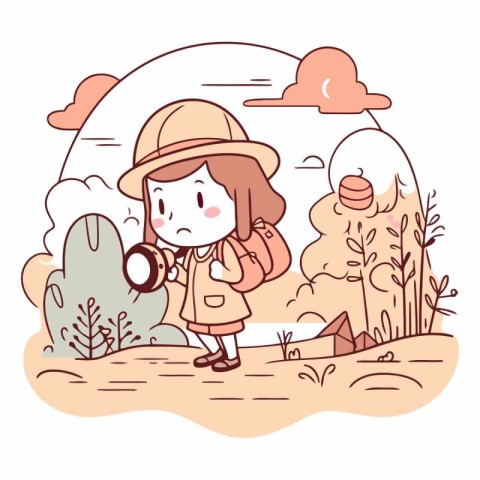 Illustration of a little girl in a safari hat exploring the natu