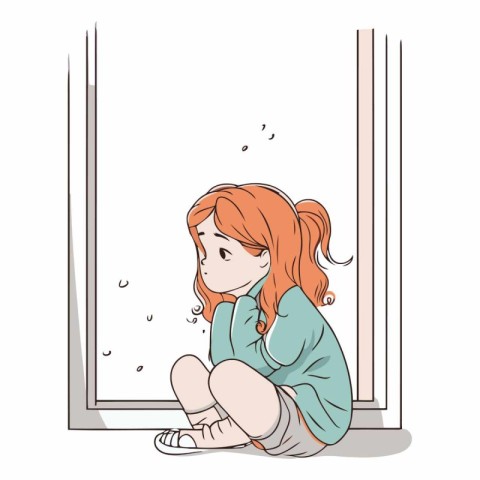 Sad little girl sitting near the window in cartoon style.